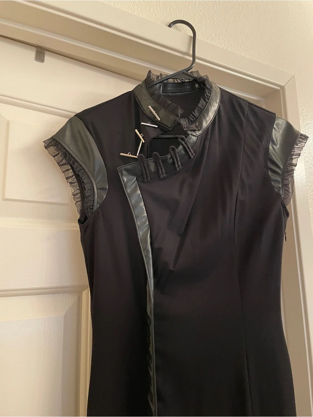 Cruelty Free Black High Neck Metal Clasp Mesh Faux Leather Sleeves Dress